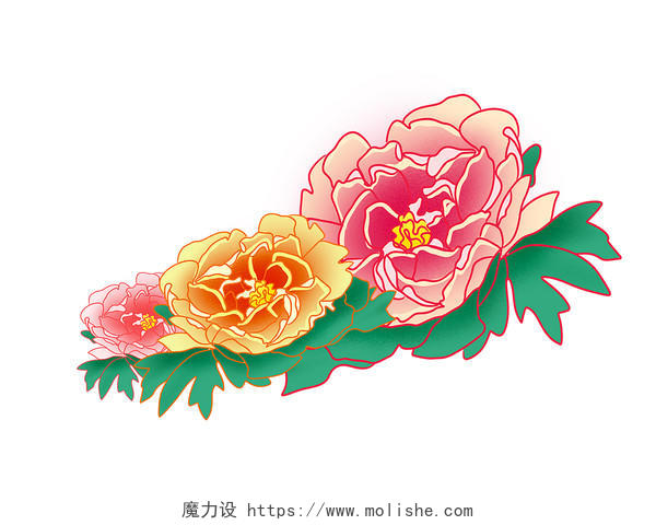 彩色手绘国潮卡通中国风牡丹花花朵元素PNG素材
